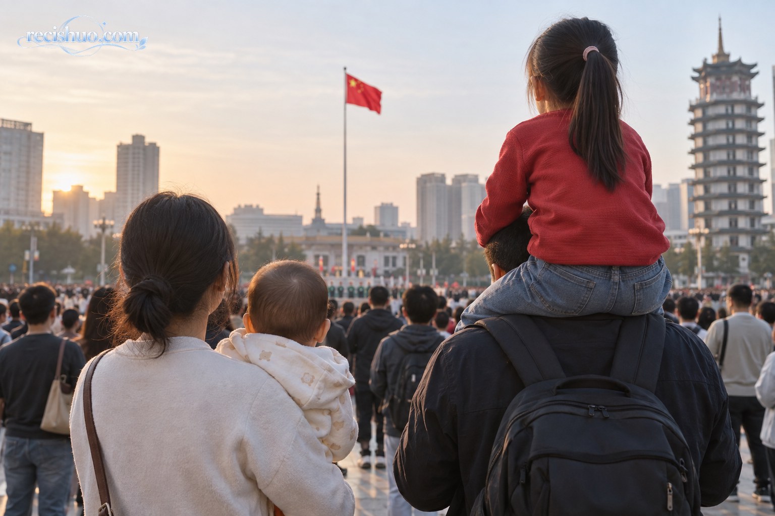 升旗仪式现场，父亲稳稳扶住肩上的女儿并与人群共同注视前方