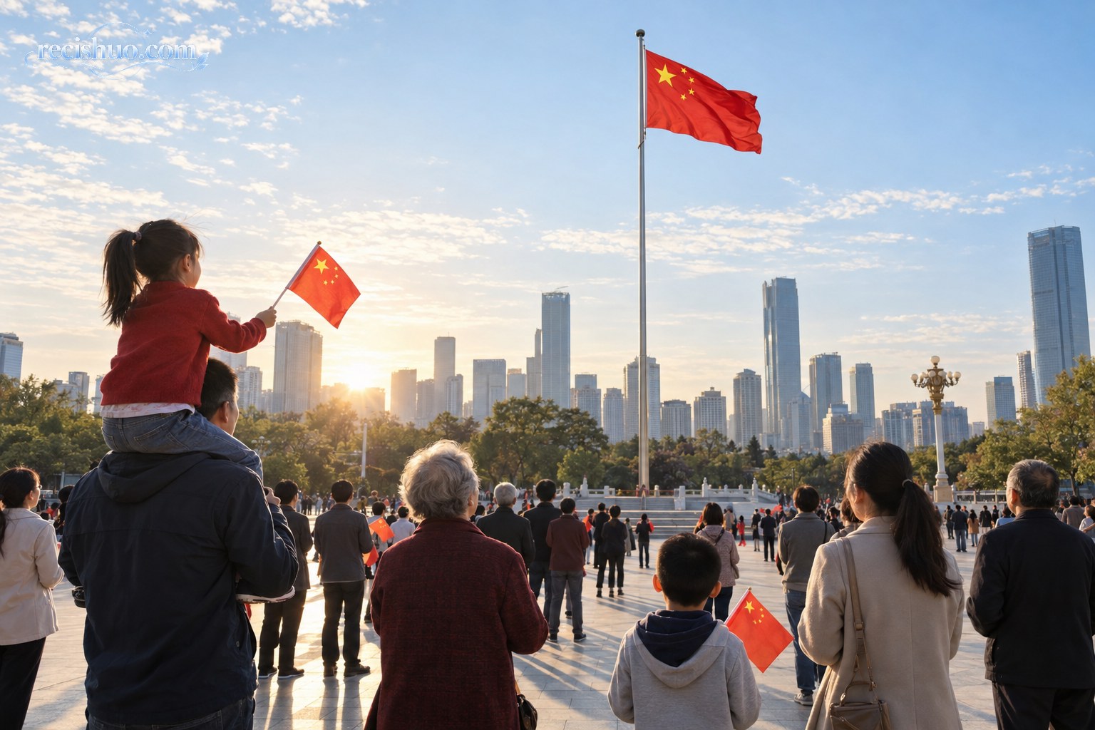 国庆清晨,不同年龄的市民在城市广场共同注视五星红旗