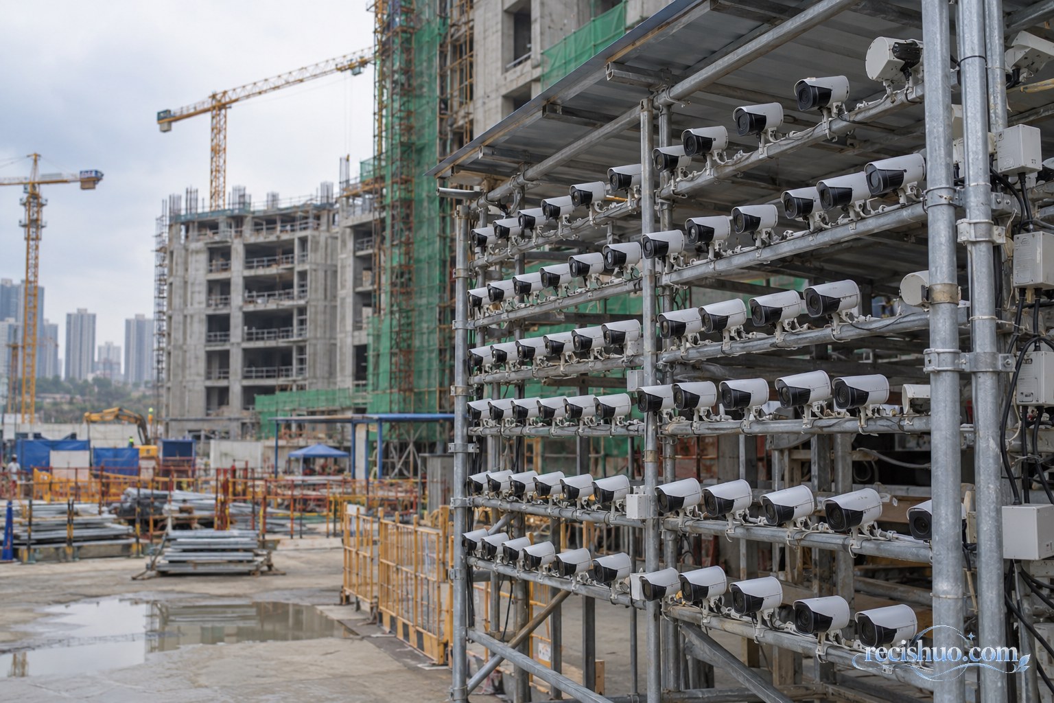 在建建筑外侧的金属支架上分排安装大量摄像头