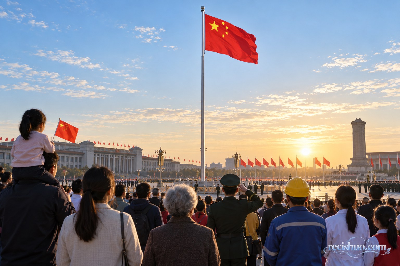 清晨广场上各行各业群众共同注目迎风飘扬的五星红旗