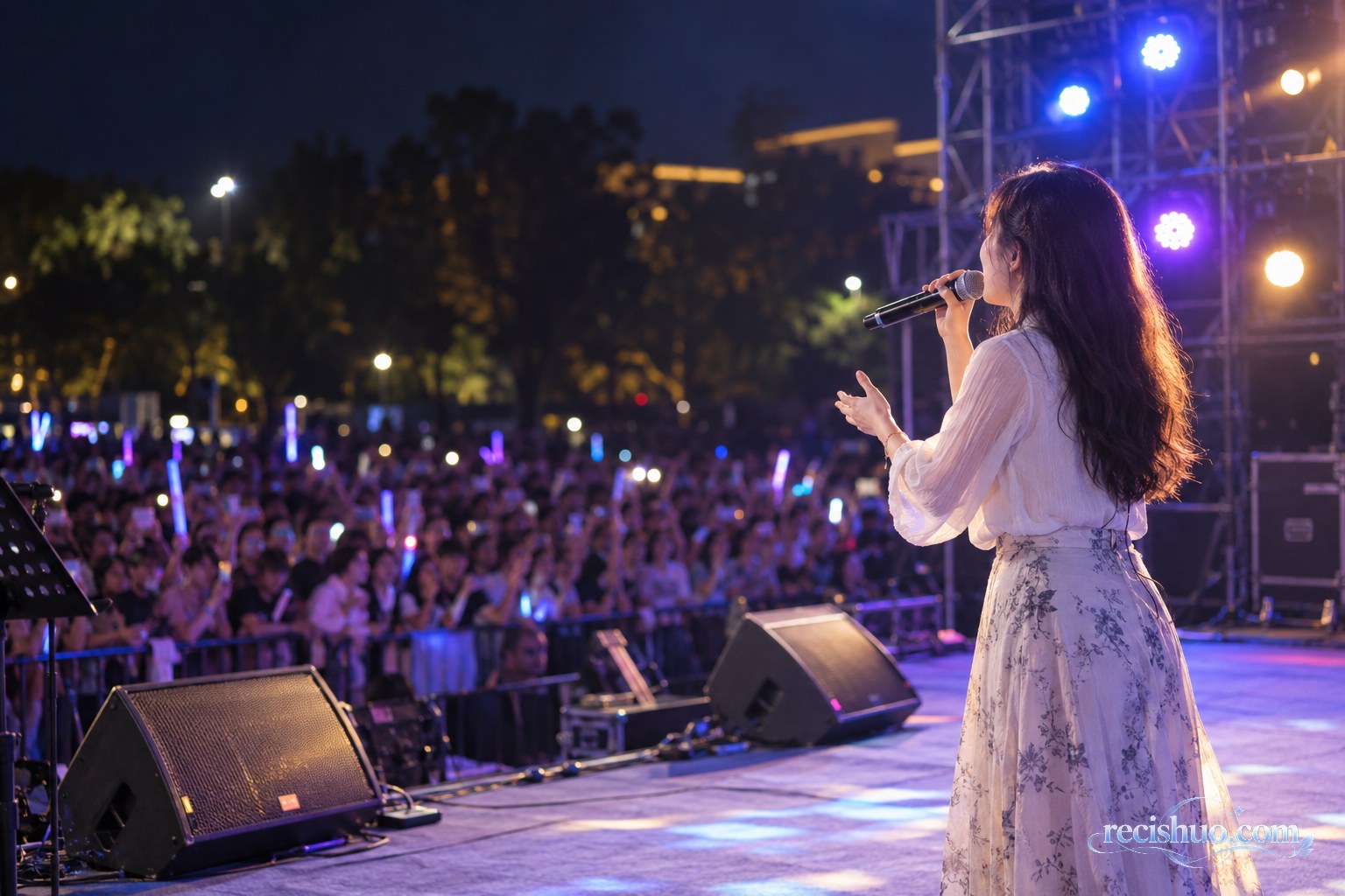 从舞台侧后方拍摄的女教师现场演唱场景,观众与舞台设备清晰可见