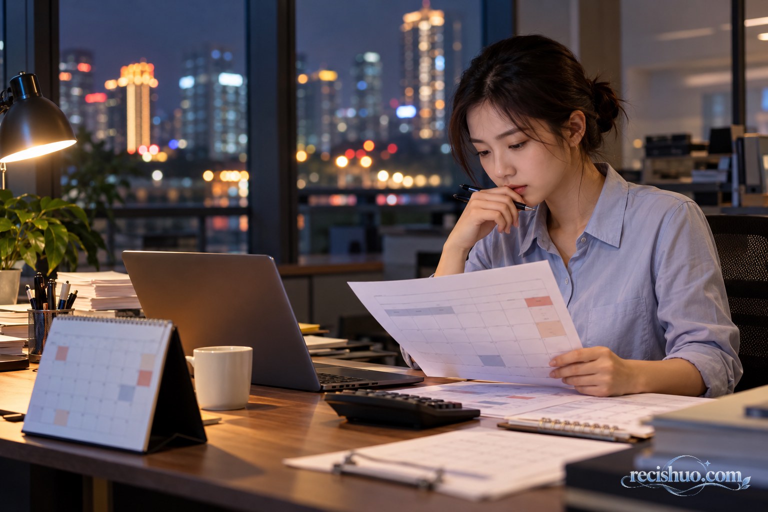 夜晚办公室内,职场人正在核对国庆假期排班表与日历