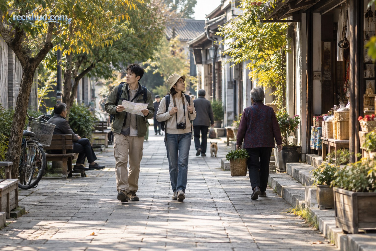 游客手持地图在树荫下的县城老街慢步游览