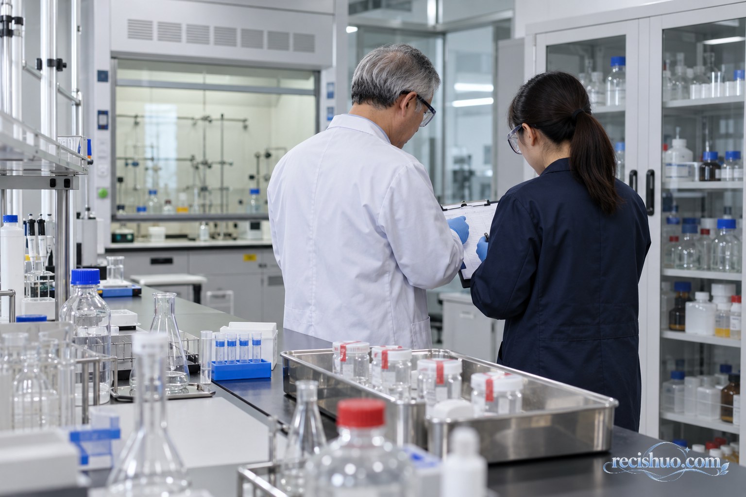 现代化学实验室内,年长研究人员与安全员核对样品封存记录