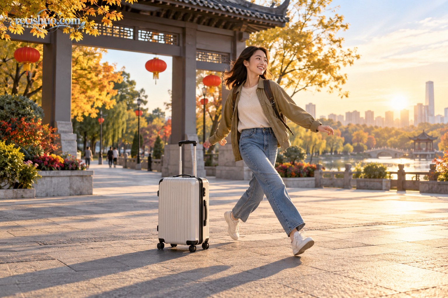 秋日晨光中,年轻旅行者拖着行李箱以轻快侧步走进城市公园