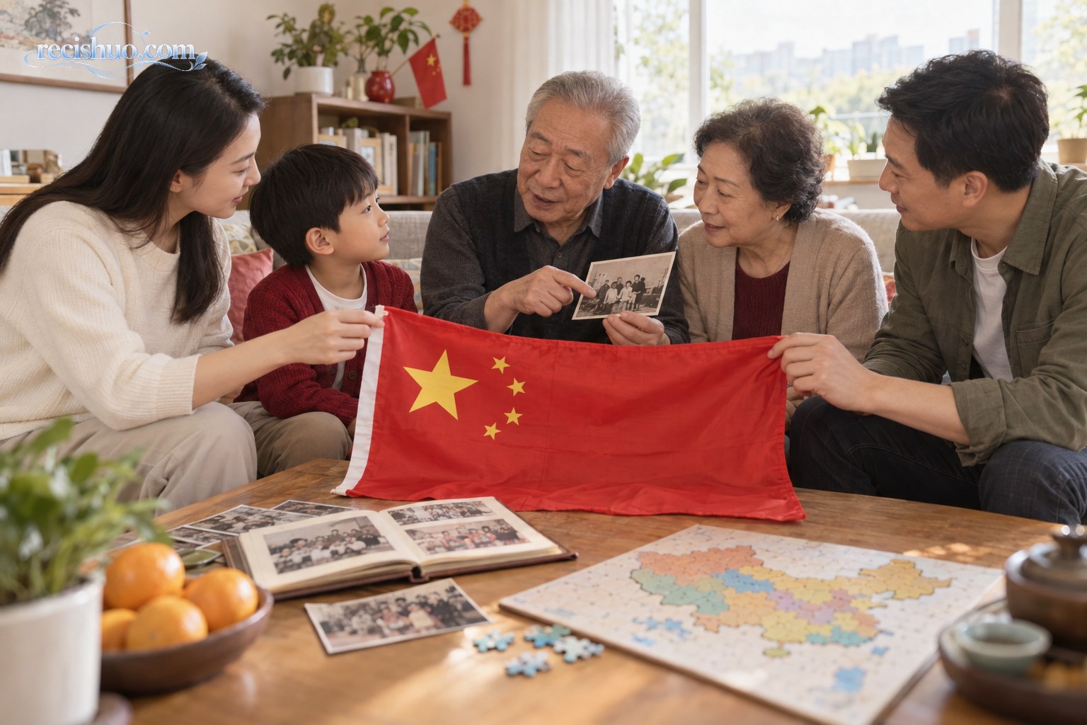 国庆日一家三代在客厅里整理五星红旗并翻看家庭老照片