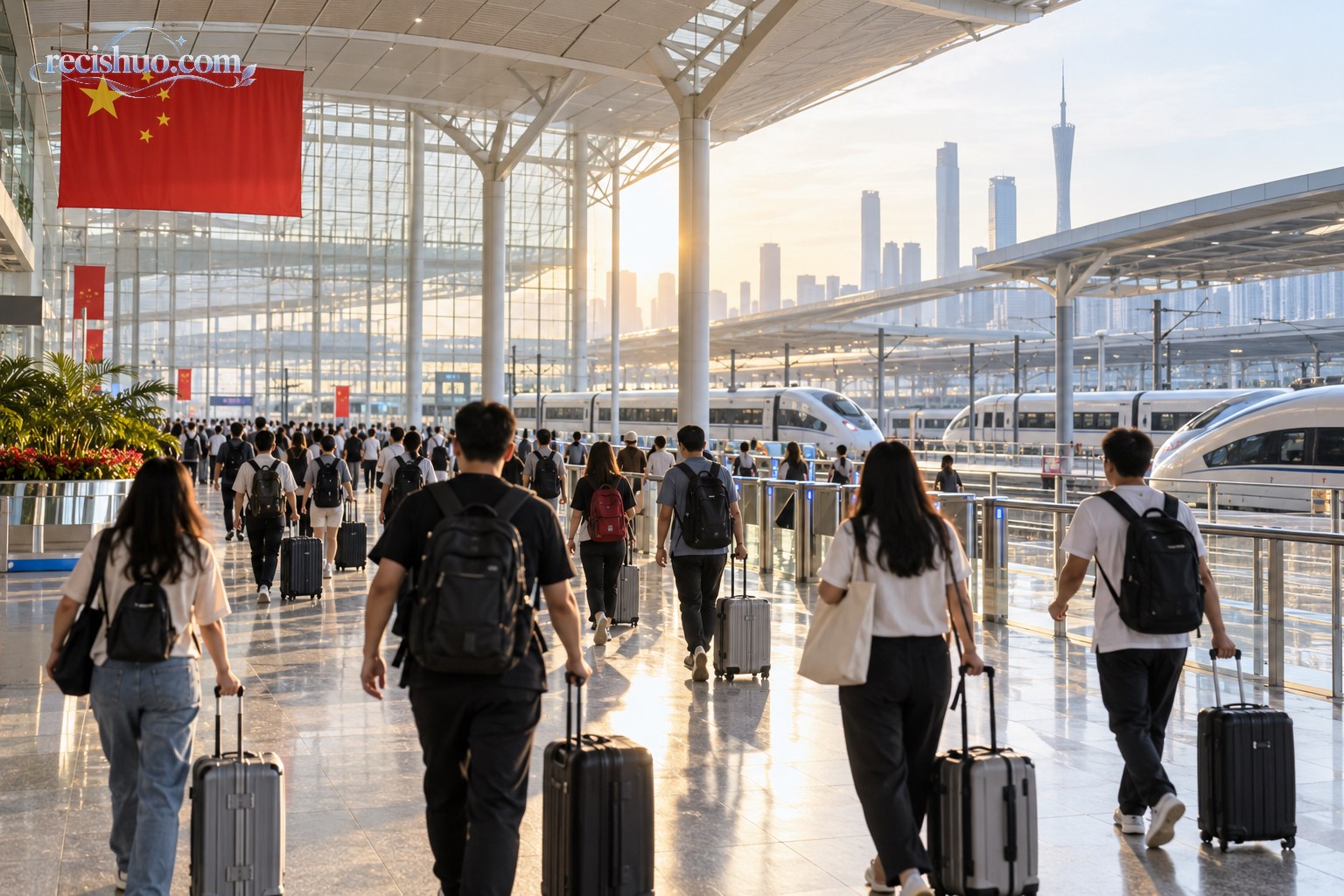 国庆假期清晨旅客携带行李有序走向高铁站台