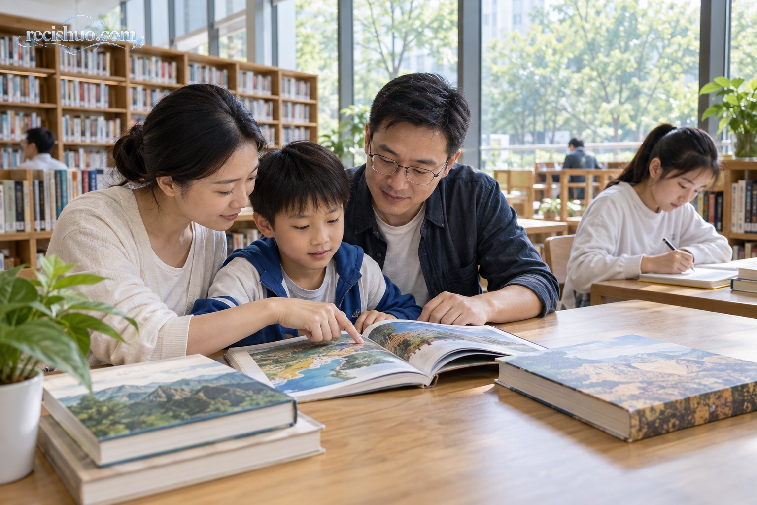 父母陪伴孩子在明亮的公共图书馆阅读历史与地理图书