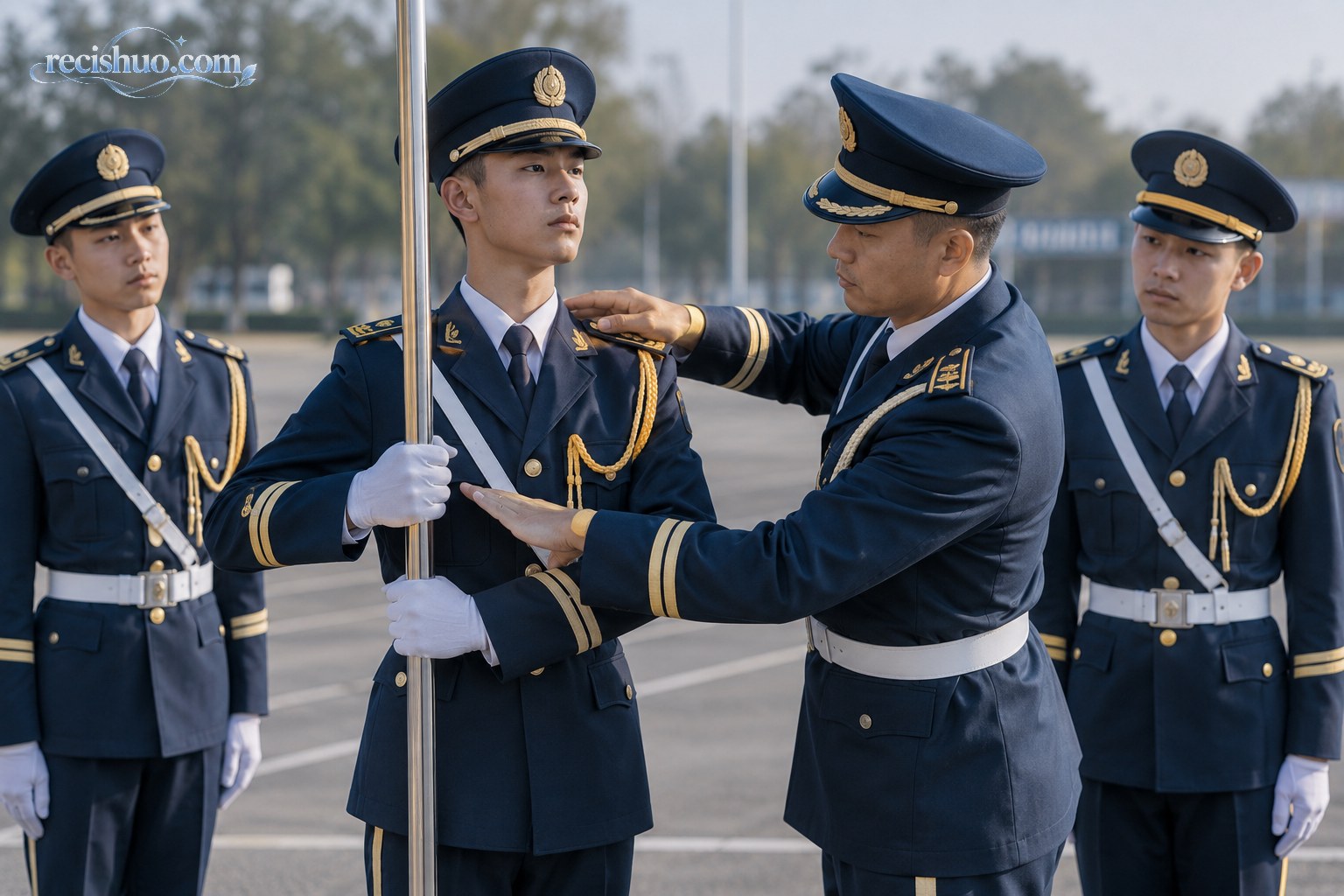 教练在训练场上帮助年轻队员纠正握杆和肩线细节的场景