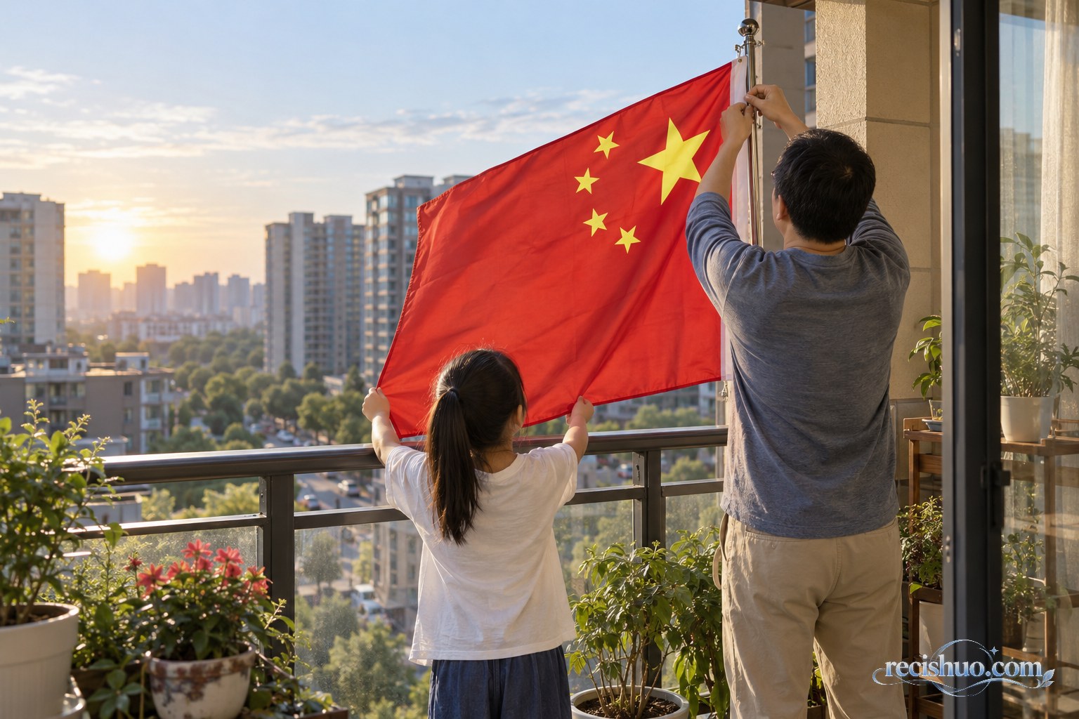 国庆清晨，家长与孩子在住宅阳台共同悬挂五星红旗