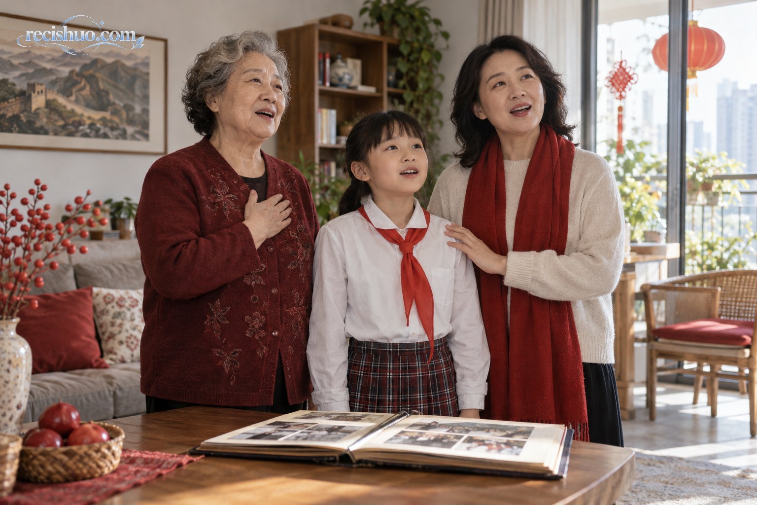 祖孙三代在温暖的家中翻看相册并一起歌唱