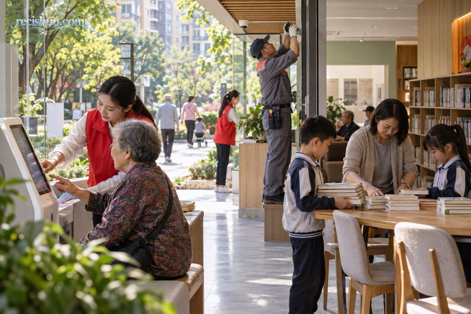 社区志愿者、维修人员和师生在各自岗位上认真服务与学习