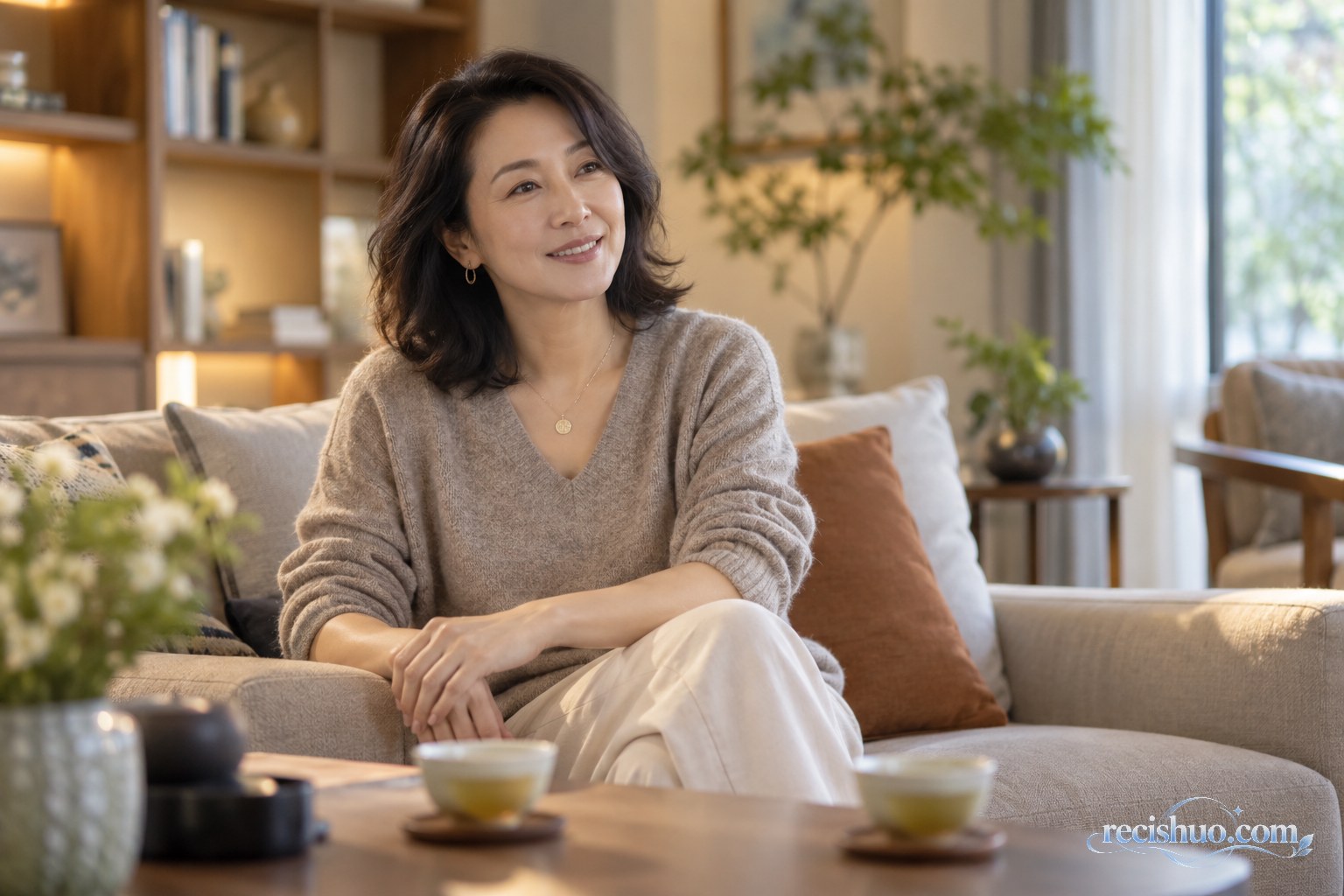 虚构的中国中年女性在温暖会客厅中从容微笑
