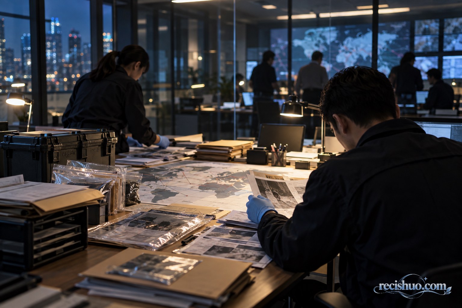 夜间案件研判室内,调查人员围绕地图和封存材料梳理跨国案件线索