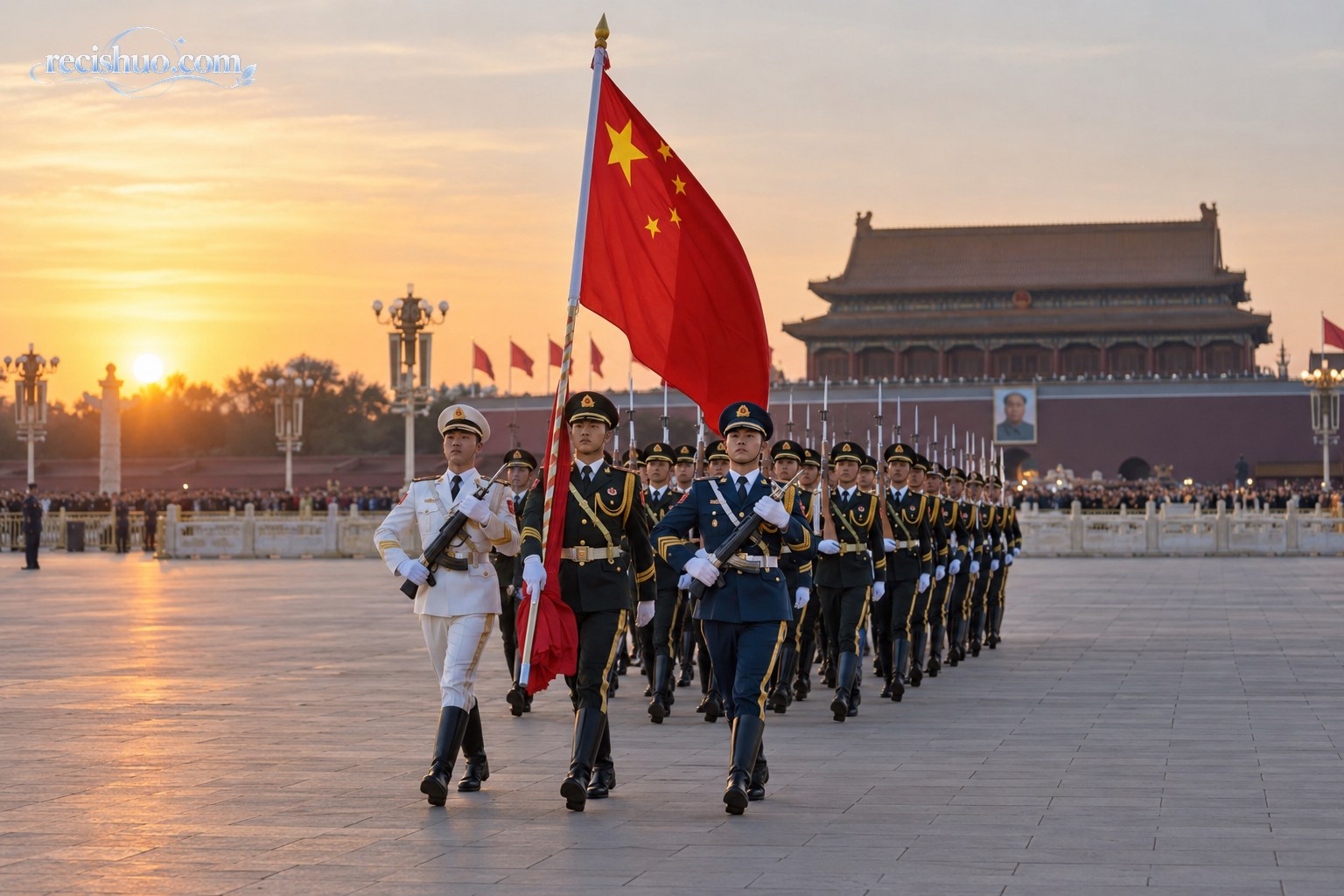 晨光中的天安门广场上,国旗护卫队护卫五星红旗整齐前行