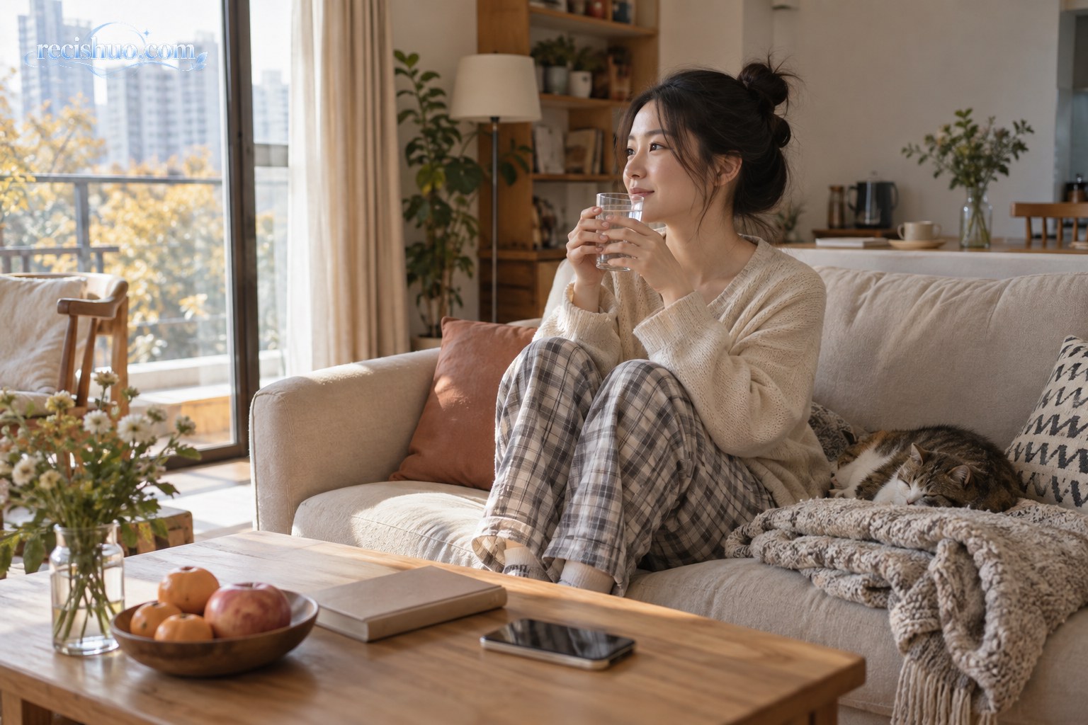 年轻人在秋日阳光照进的客厅里喝水休息,身旁放着薄毯、水果和手机