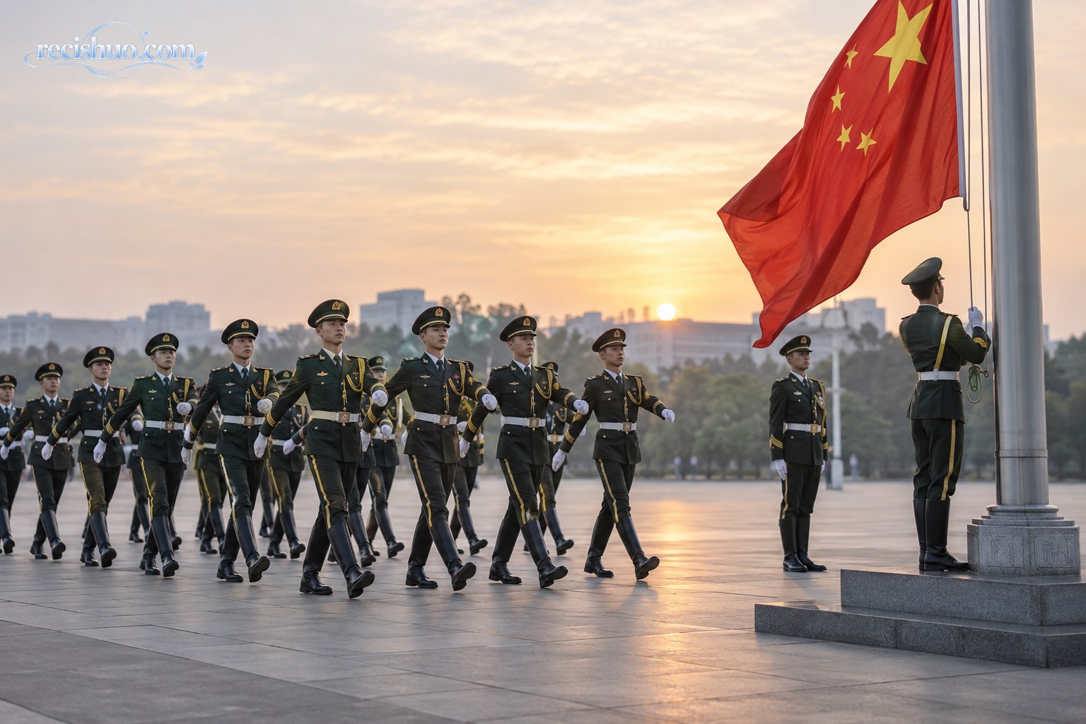 清晨训练场上国旗护卫队员列队迈步并进行升旗训练的场景