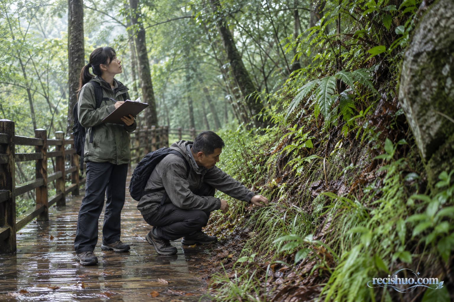 雨后山林中两名巡护人员检查植被并记录观察情况