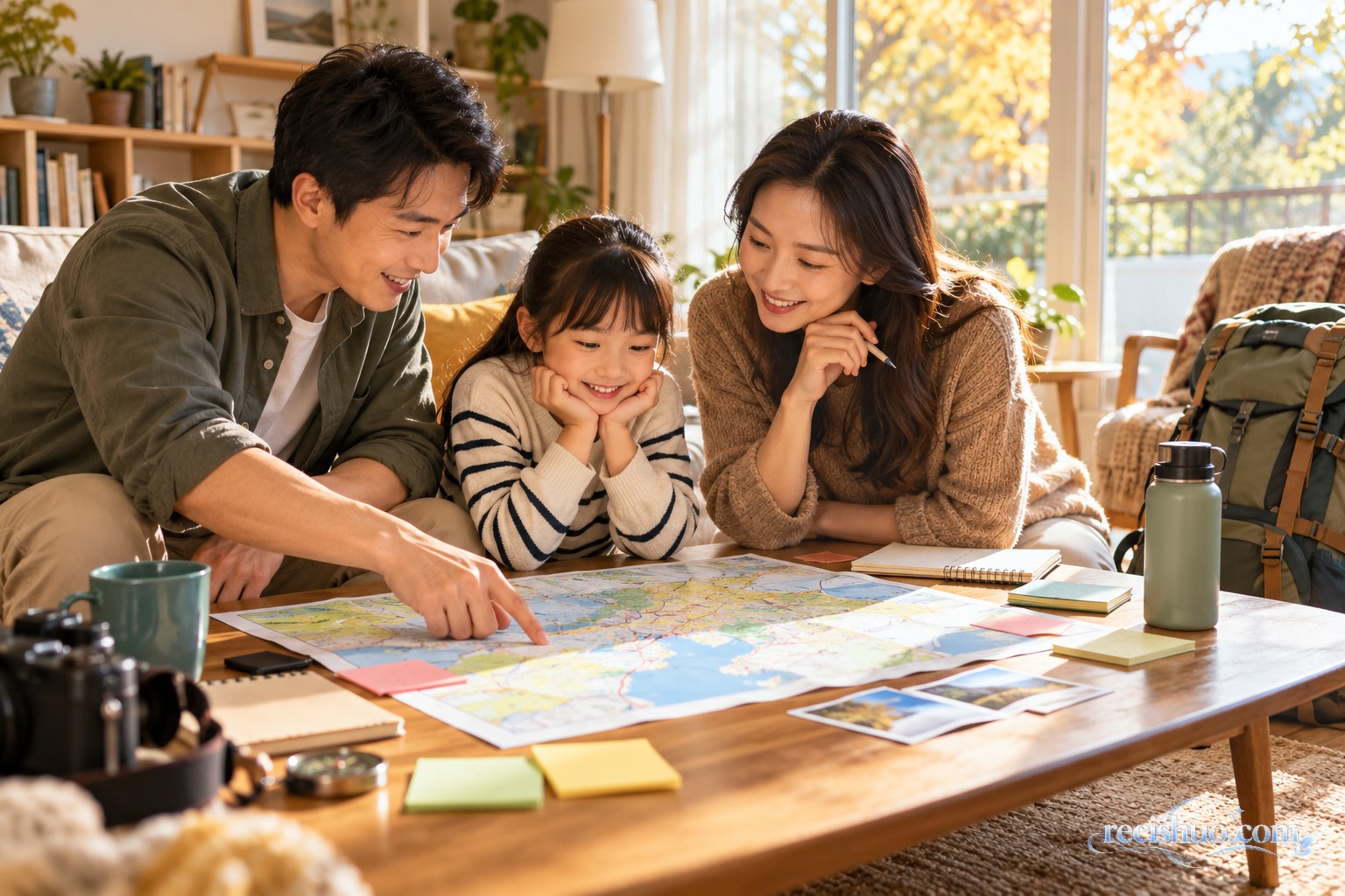 一家三口在客厅查看地图并商量国庆短途出行安排
