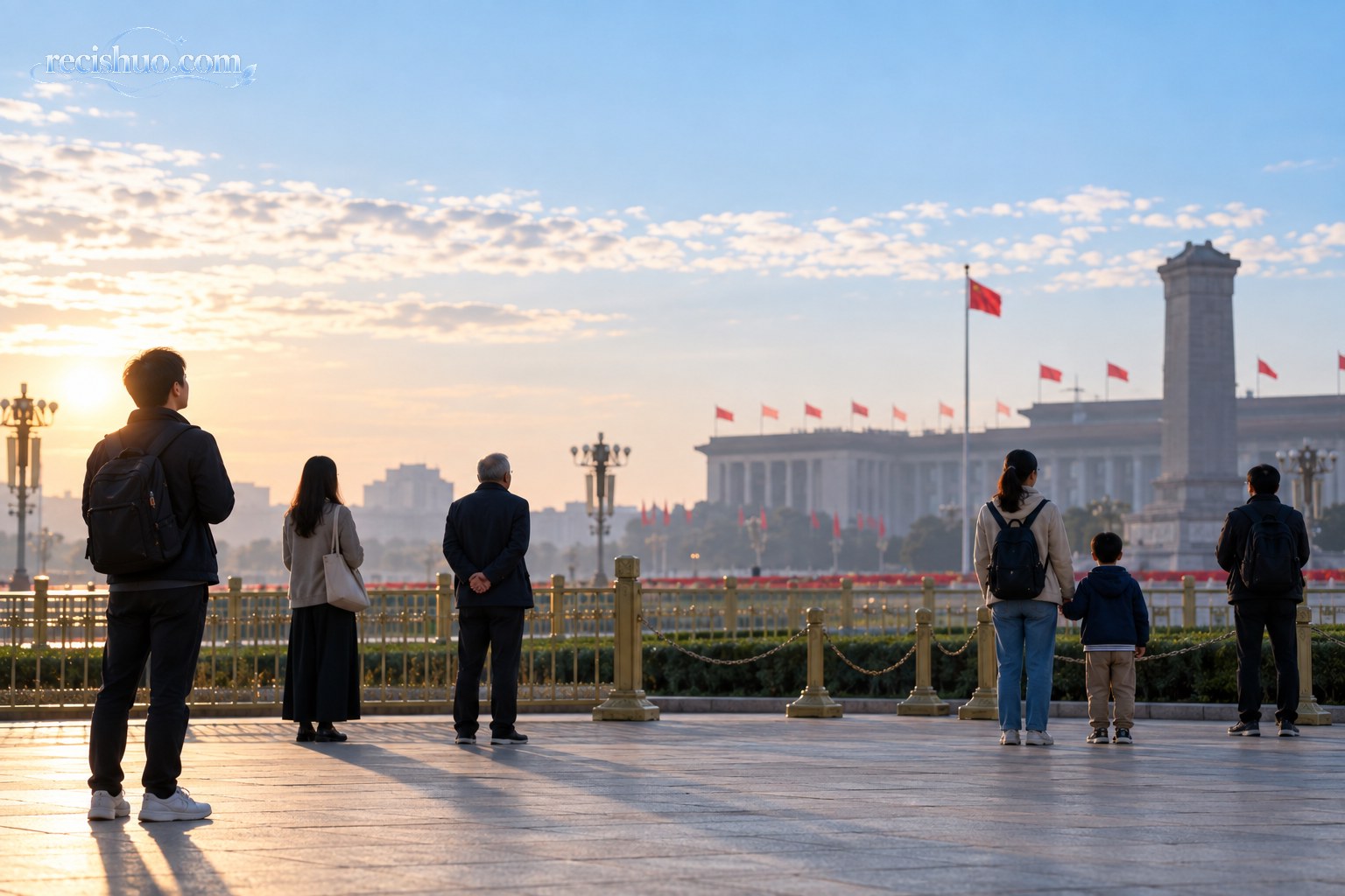 清晨的公共广场上,不同年龄的参观者安静有序地驻足远望