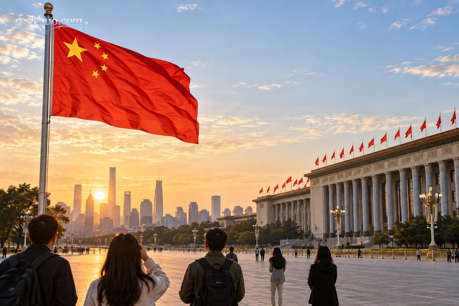 晨光中的五星红旗、城市天际线与庄重公共建筑共同构成开阔景象