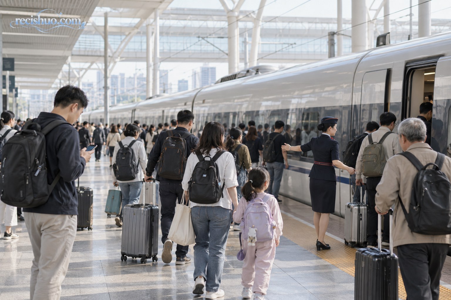 国庆假期旅客在工作人员引导下有序登乘高速列车
