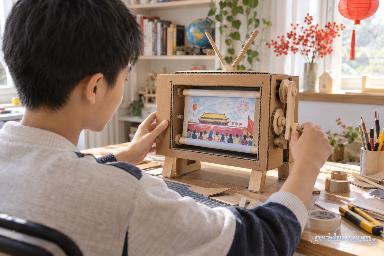 少年在家庭手工桌前调试带有滚轴结构的纸板电视机模型示意图