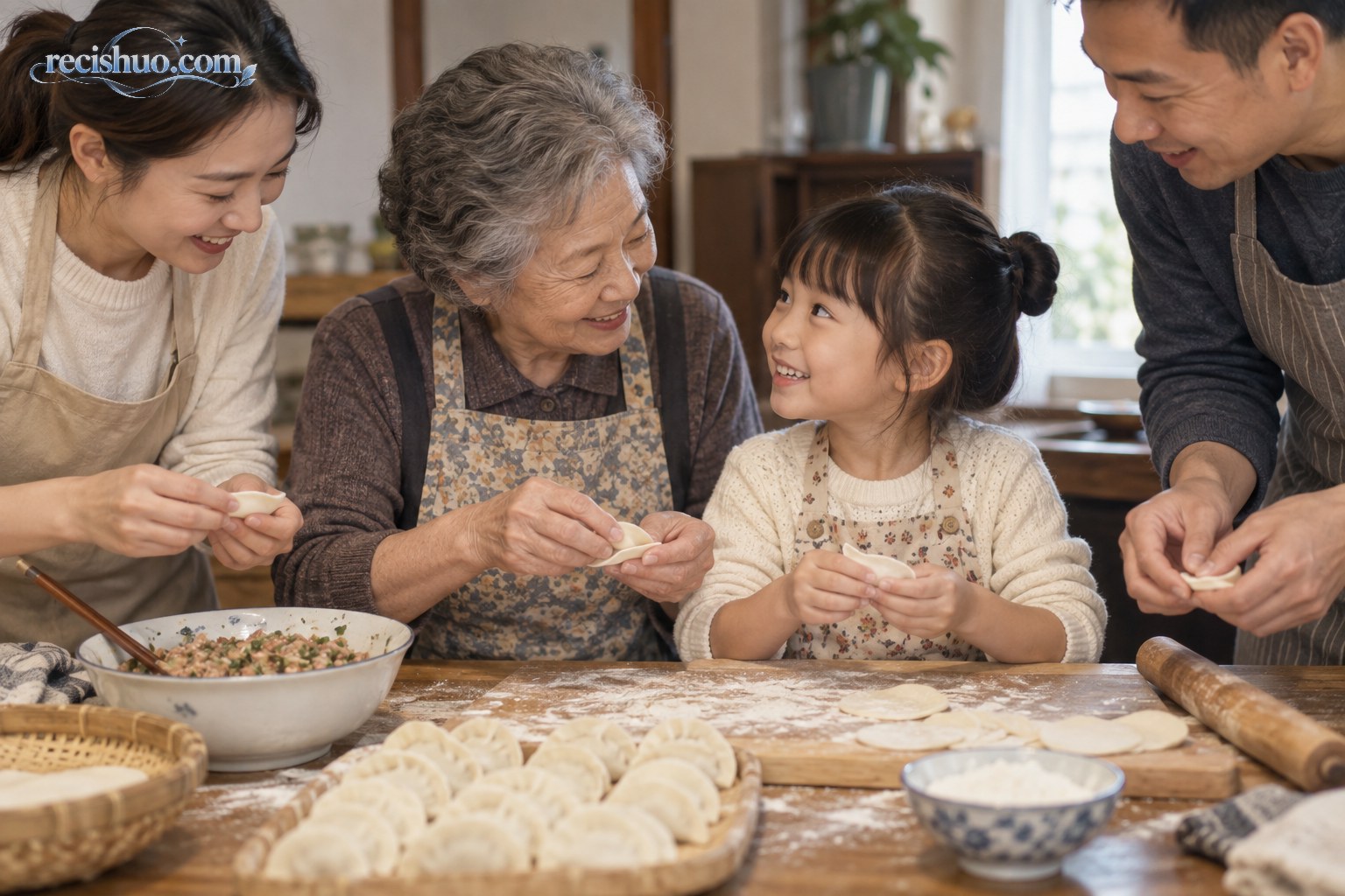 祖母、父母与孩子围在桌边包饺子，在共同劳作中传递家庭记忆