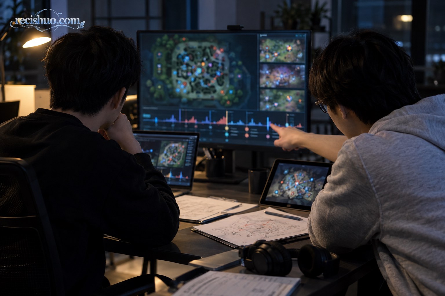 两名赛事分析人员在屏幕前核对比赛时间线与地图节点