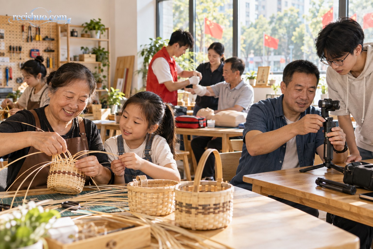 不同年龄的人们在社区共享工坊学习竹编、摄影和急救技能