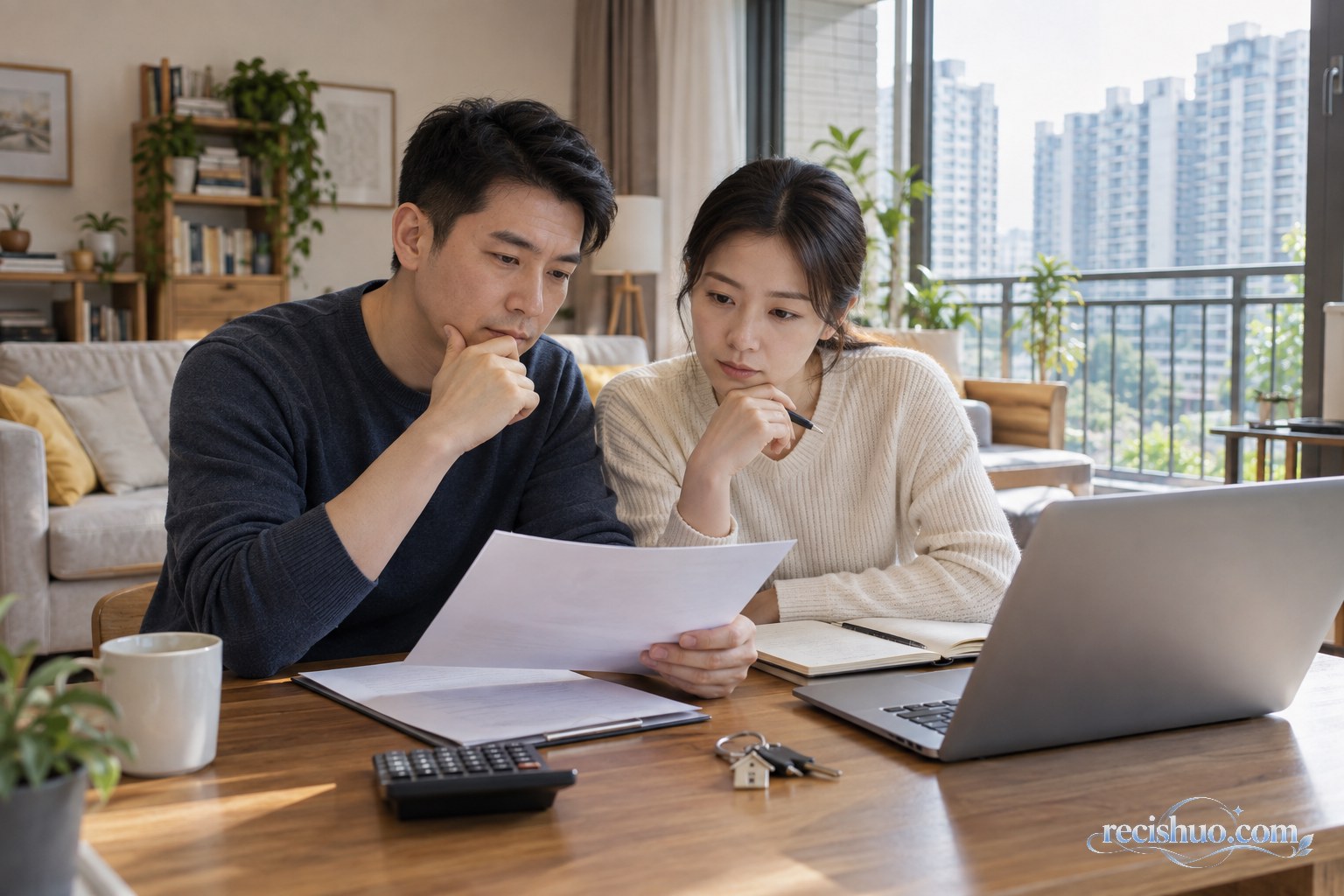 一对夫妻在家中查看住房贷款资料并核算家庭支出