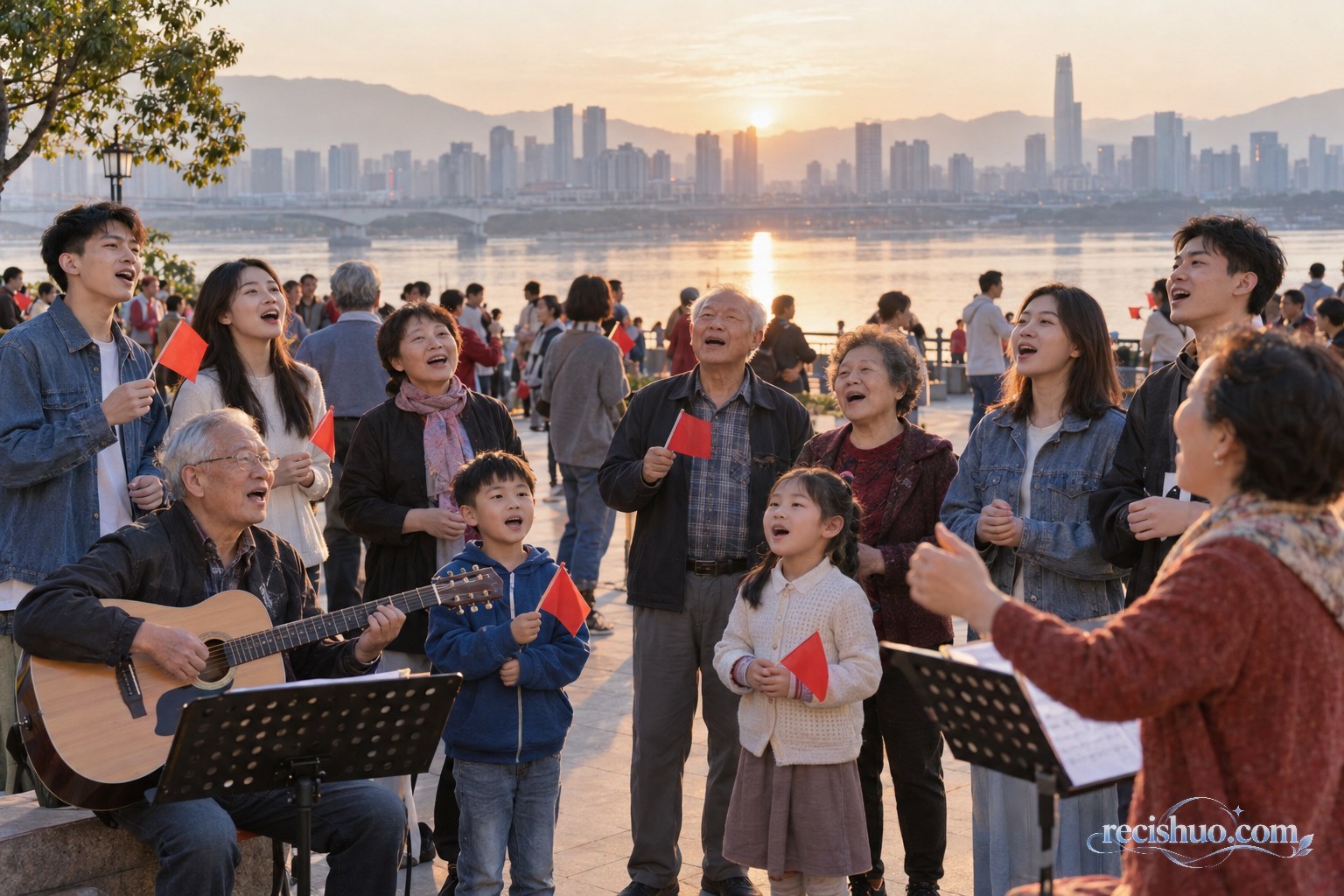 清晨江畔,不同年龄的居民迎着城市日出共同歌唱