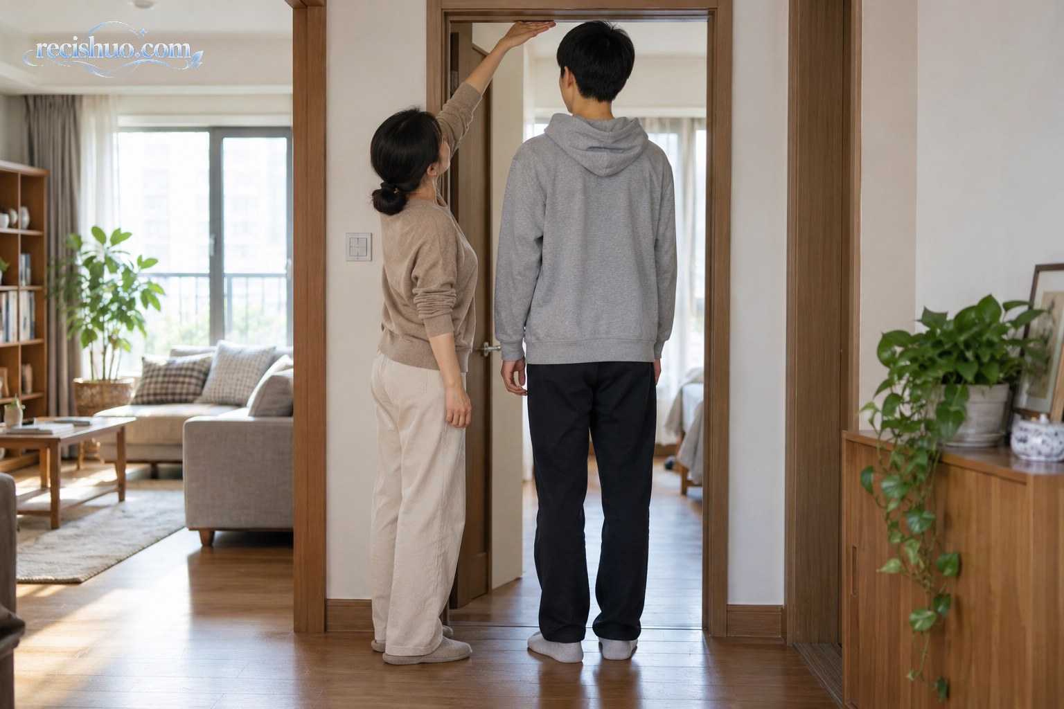 高个少年站在家中门框下，母亲抬手观察头顶空间