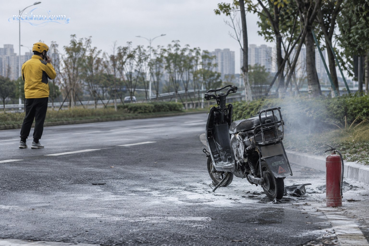 骑手与仍在冒烟的车辆保持距离并打电话报警的复燃风险示意图