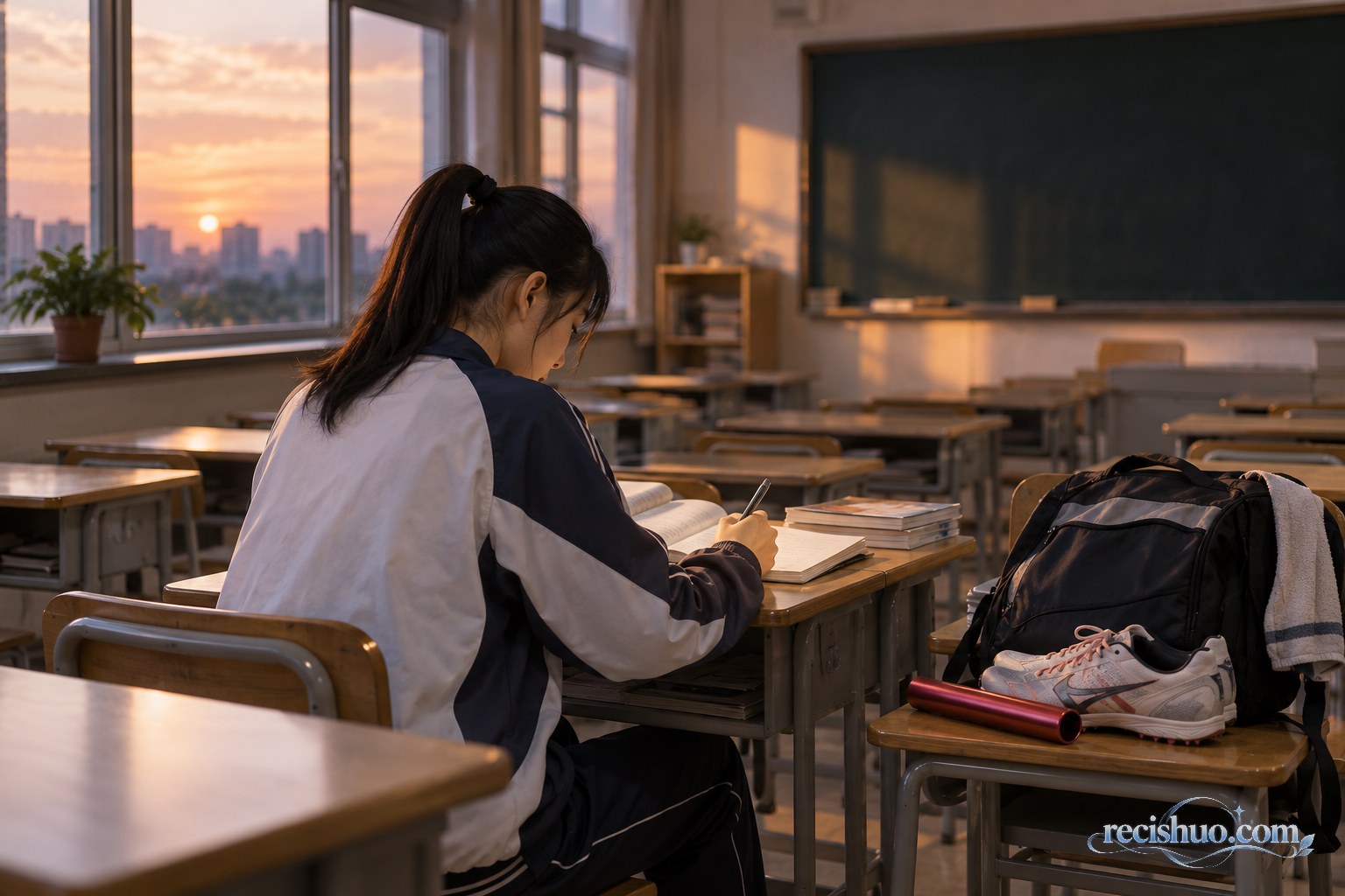 高中生运动员训练结束后在教室里认真学习