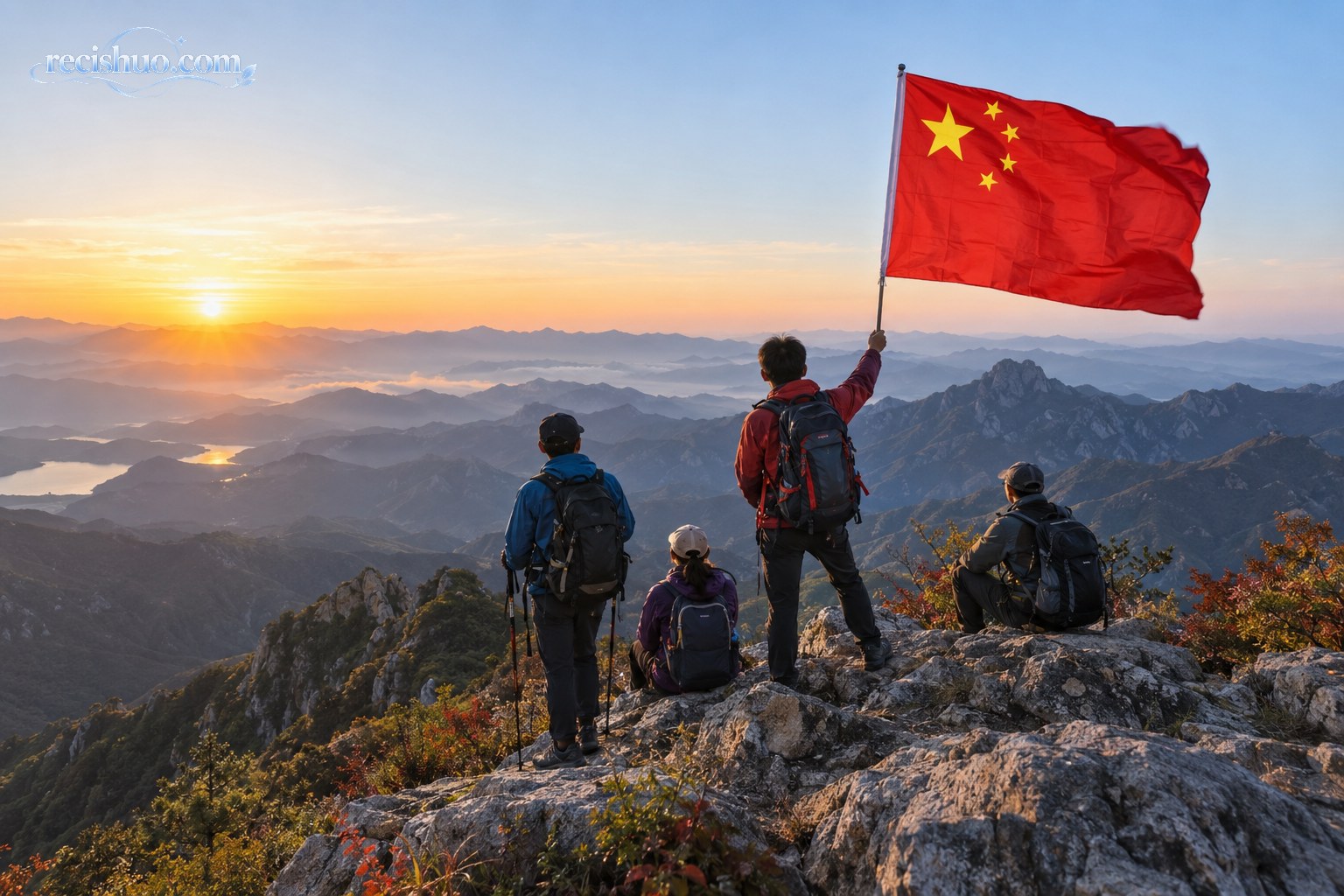 国庆清晨,几名登山者在群山之巅迎着日出展开五星红旗