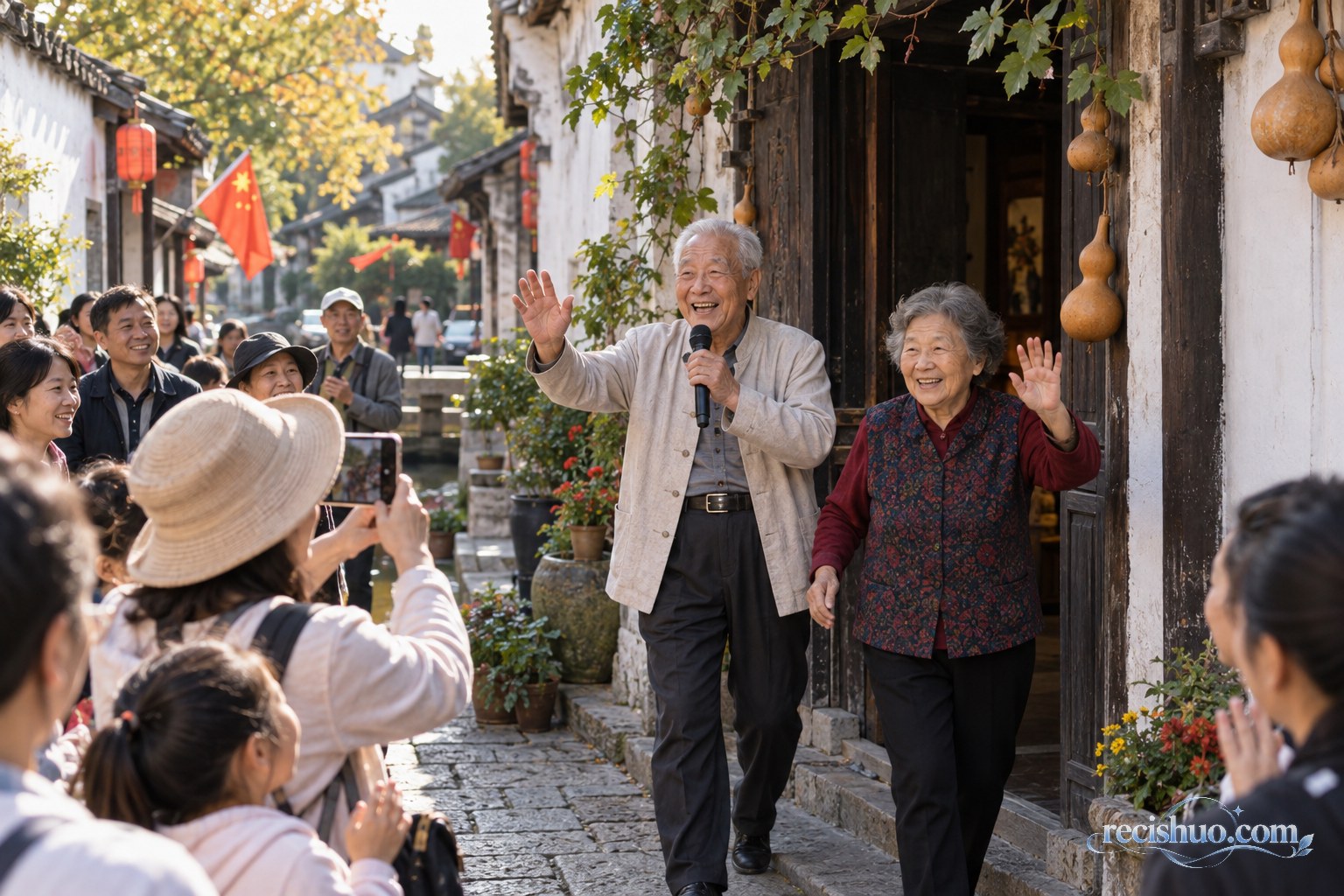 江南古街葫芦小院前两位老人微笑挥手并为游客演唱的温馨示意画面