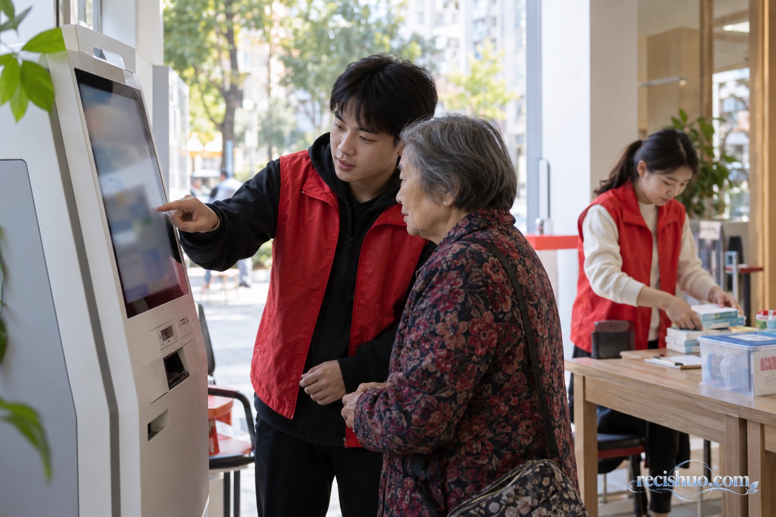 社区服务站内,青年志愿者帮助老人使用便民设备