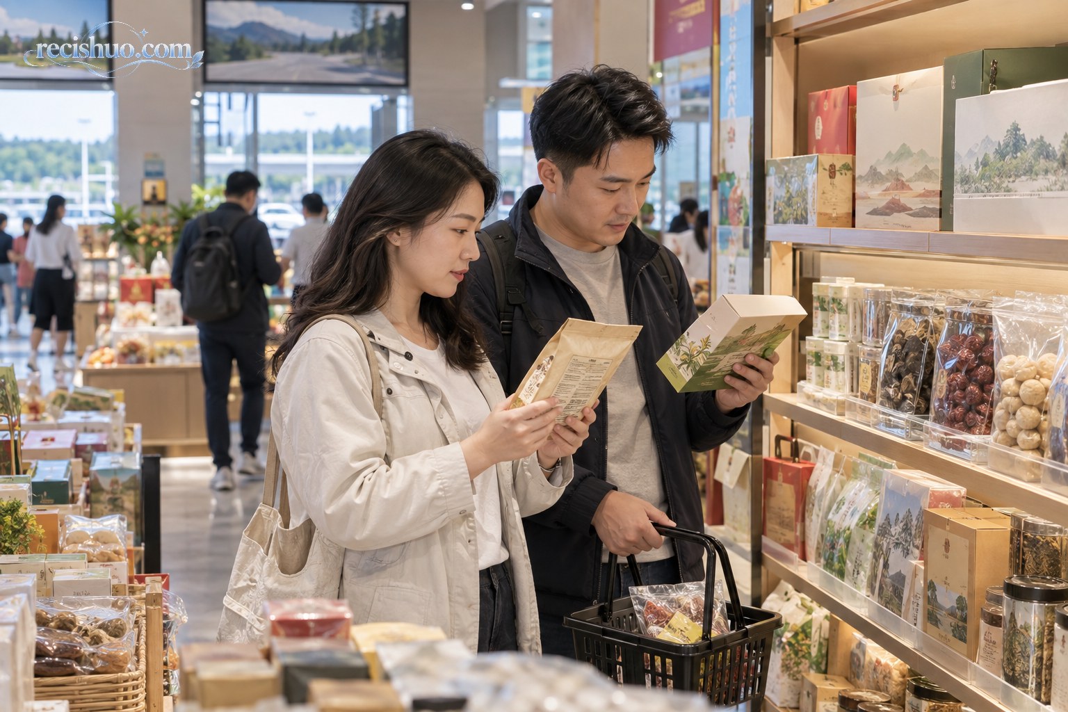 旅客在高速服务区地方特产区查看商品包装信息