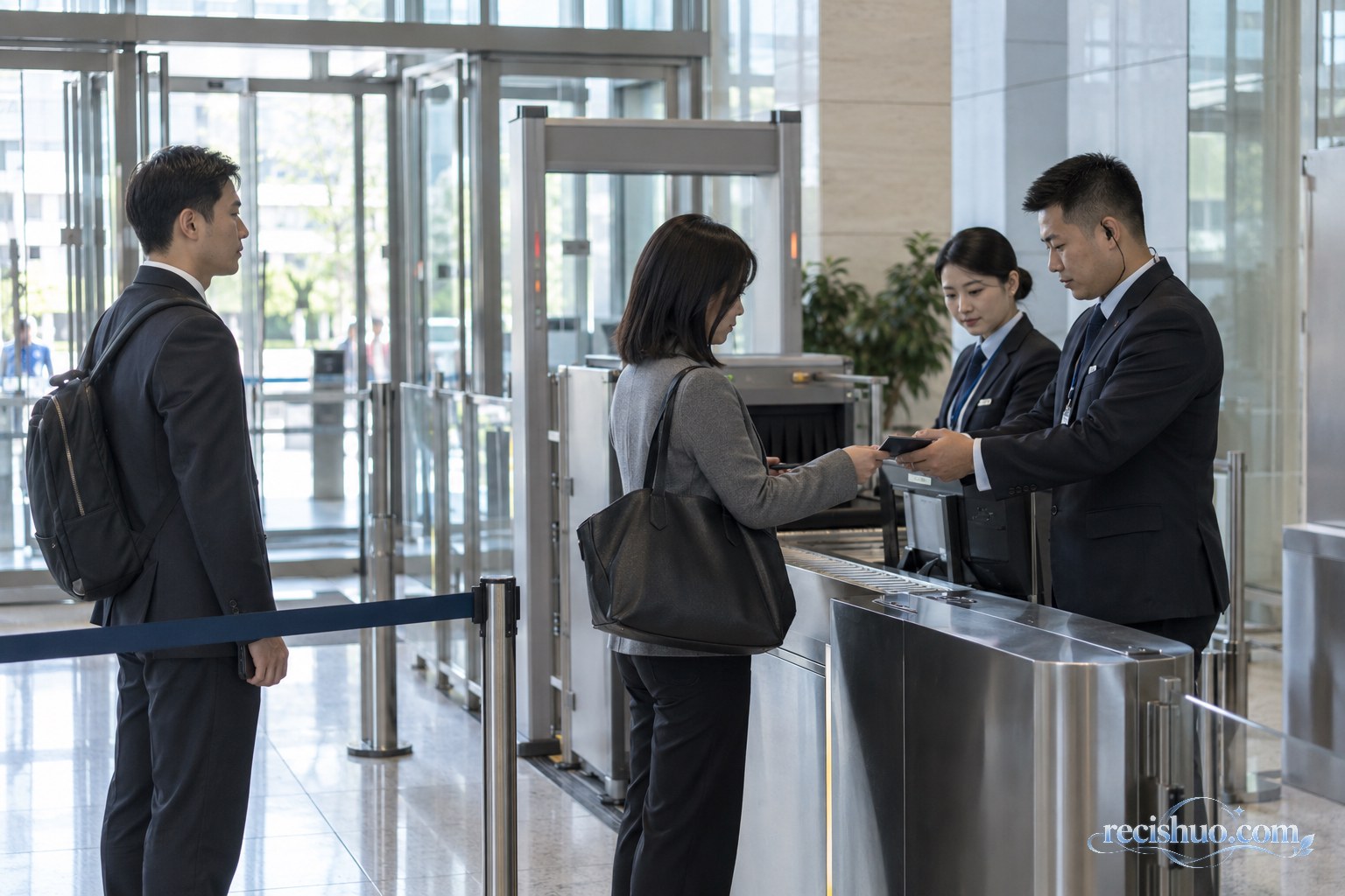 现代办公建筑入口处安保人员核验访客证件的安全检查示意图