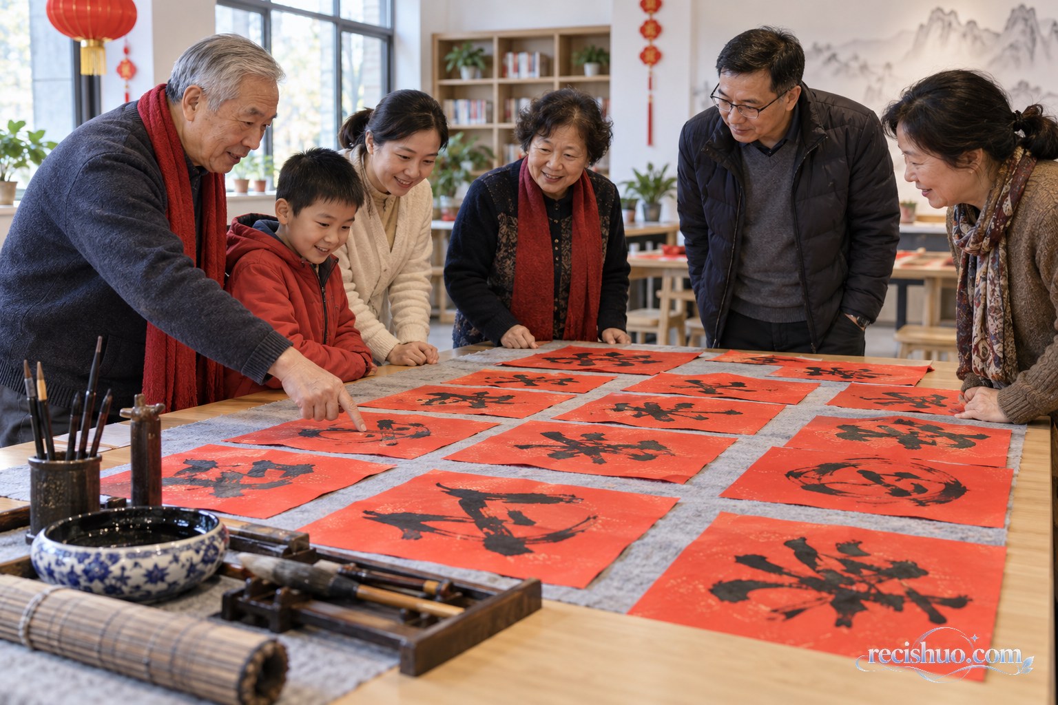 社区居民围在长桌旁欣赏和整理刚完成的红纸书法作品