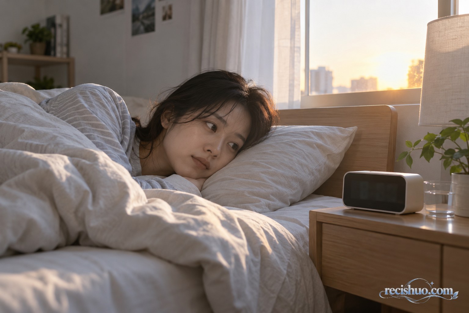 假期清晨,一名年轻人在床上自然醒来并看向尚未响起的床头闹钟