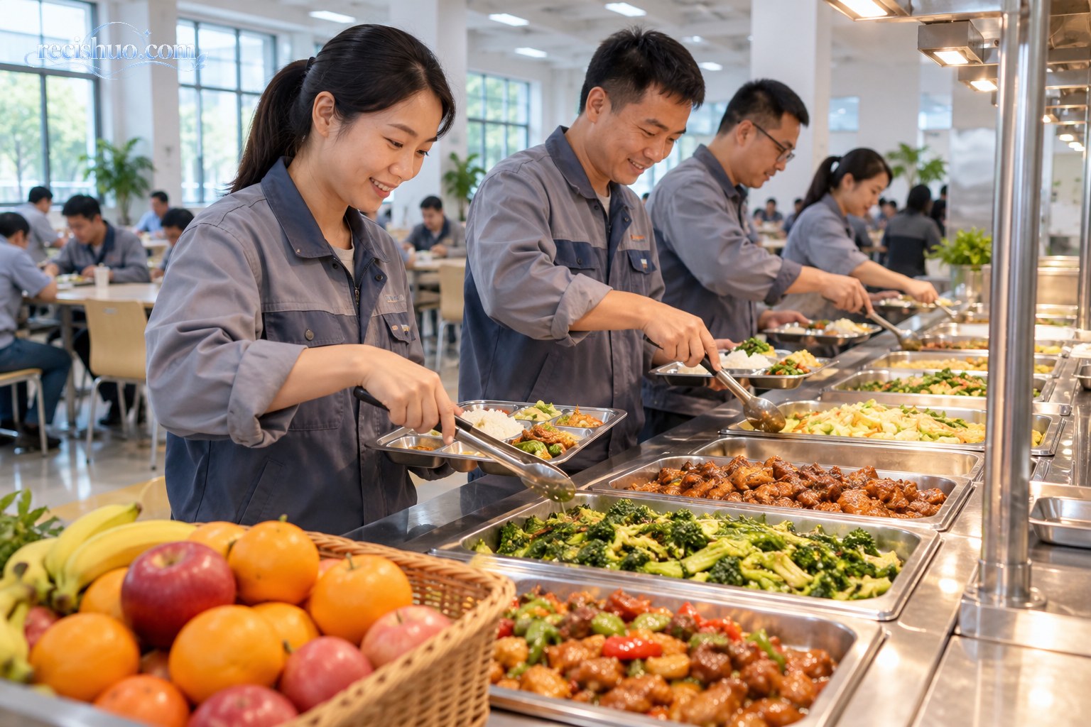 制造业员工在企业餐厅选取热菜和水果