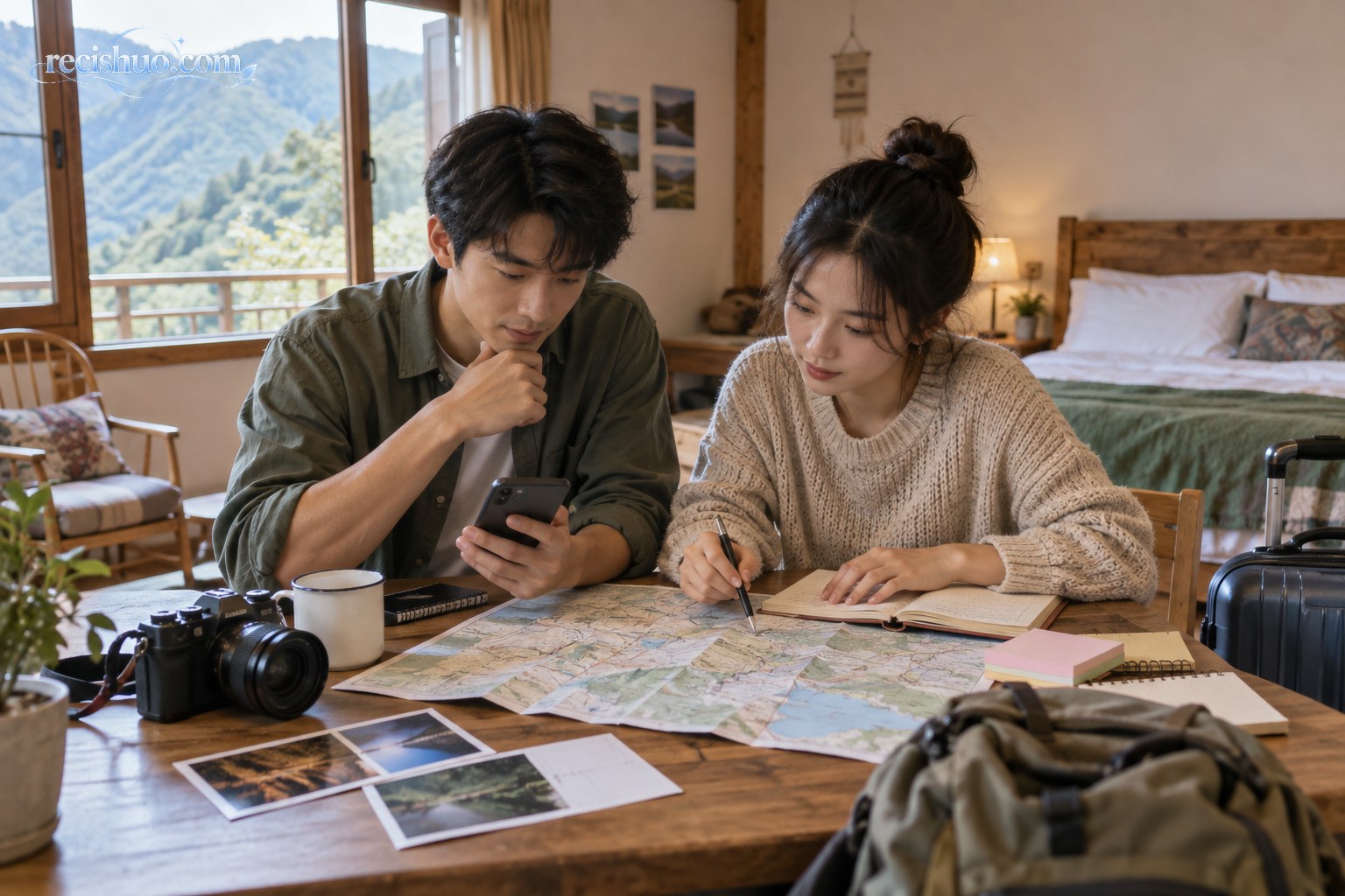 年轻旅客在民宿内结合地图和手机规划长线行程