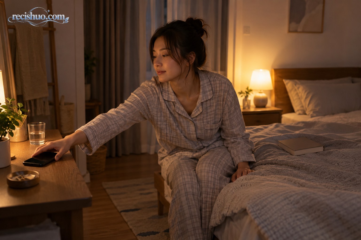 夜晚准备入睡的年轻人把手机放到远离床铺的桌面上