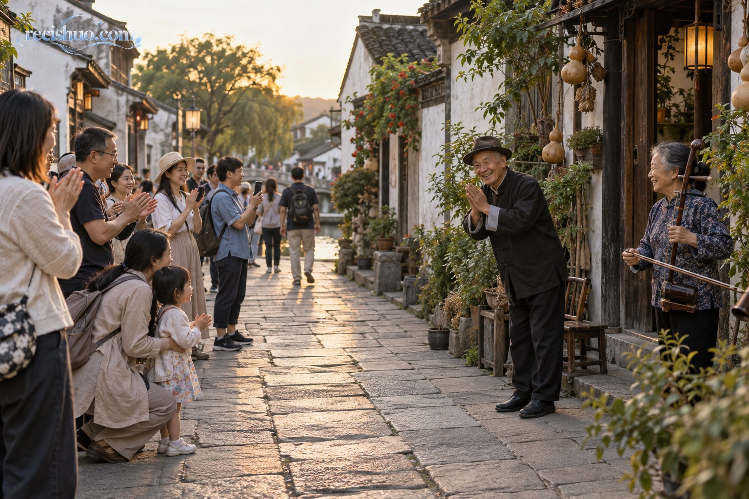 游客在挂有葫芦装饰的古街院落外记录老人表演的现场示意画面