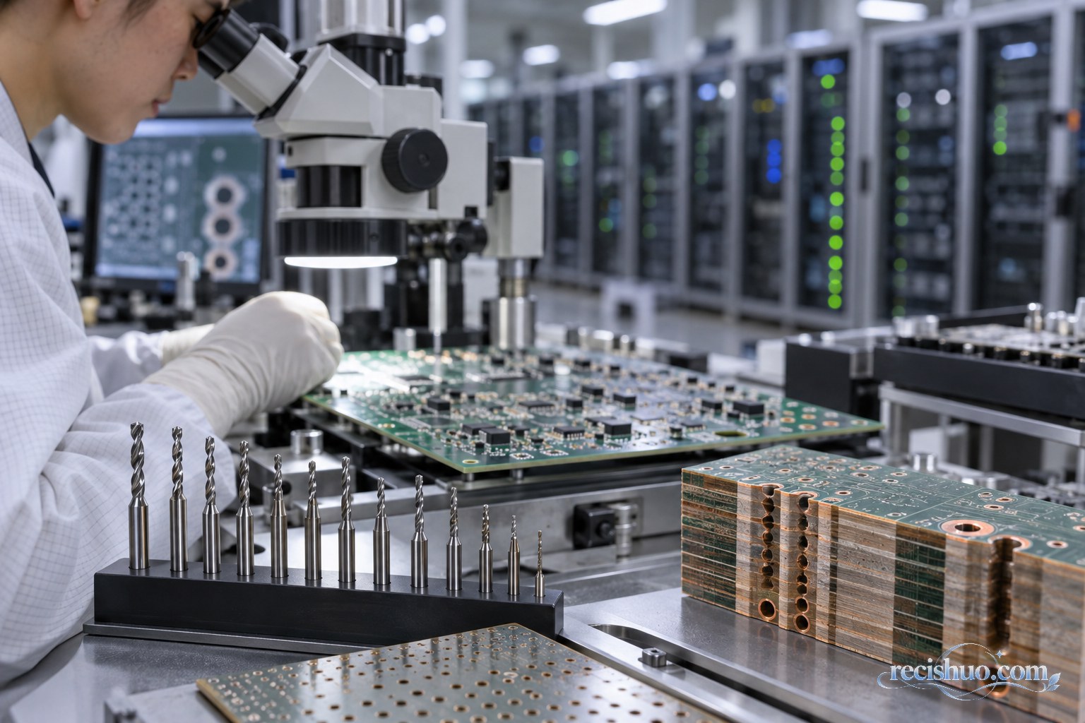 检测人员在显微镜下检查电路板，工作台摆放着不同规格的精密钻针