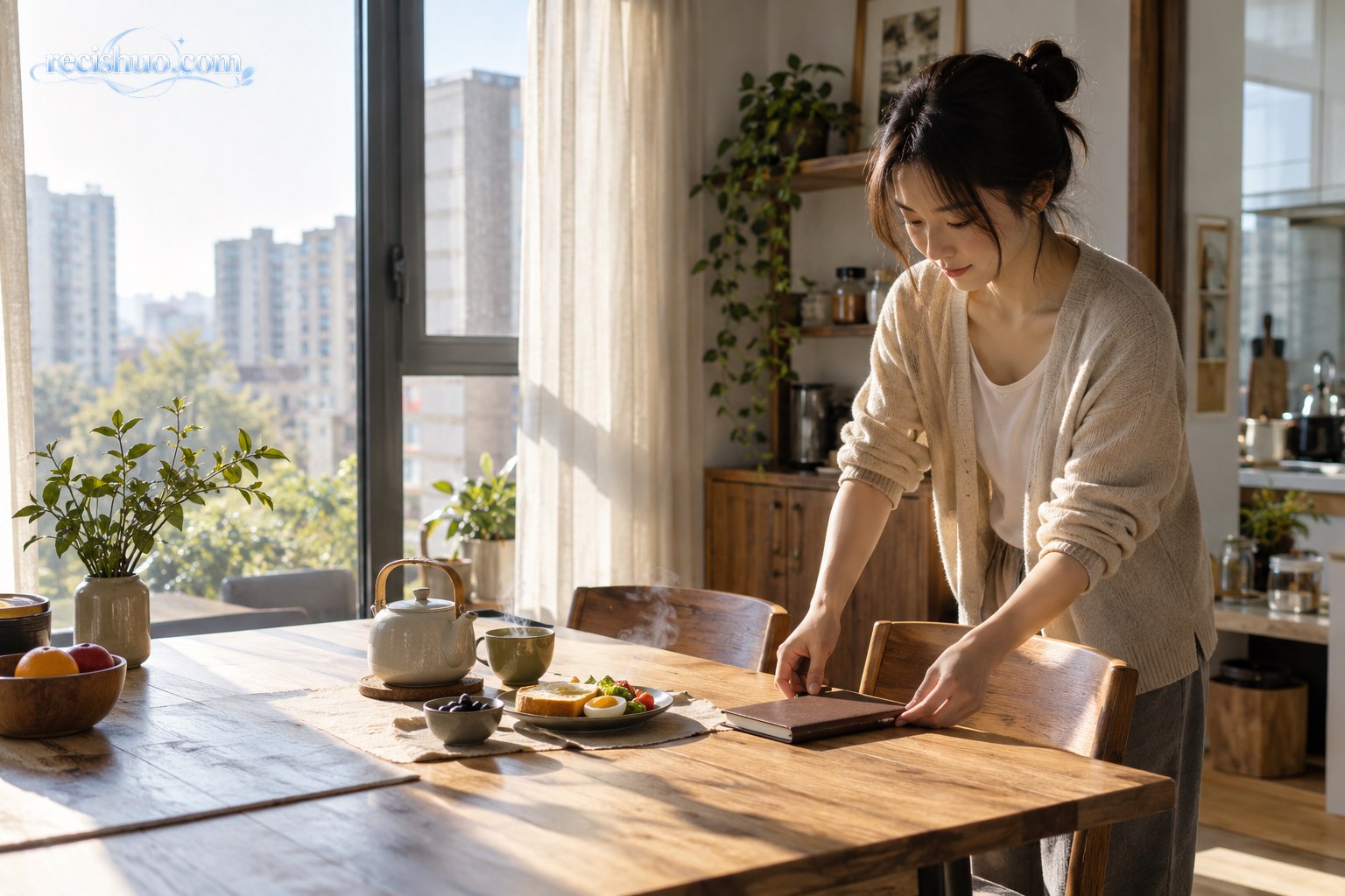 年轻人在清晨阳光中整理餐桌，以简单早餐和热茶开启新一天