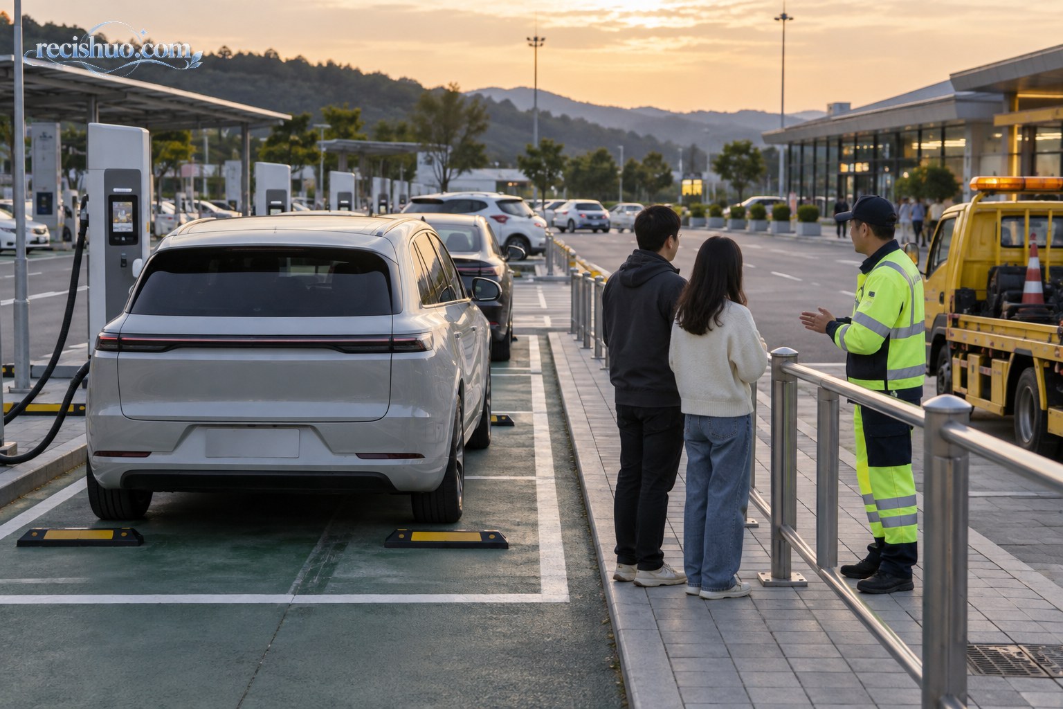 高速服务区内，新能源车主在安全区域与道路救援人员沟通