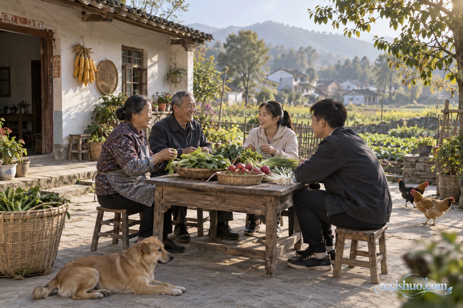 中国乡村一家人在农家院落围坐交谈,桌上摆放着新鲜蔬菜,远处可见田地与村居